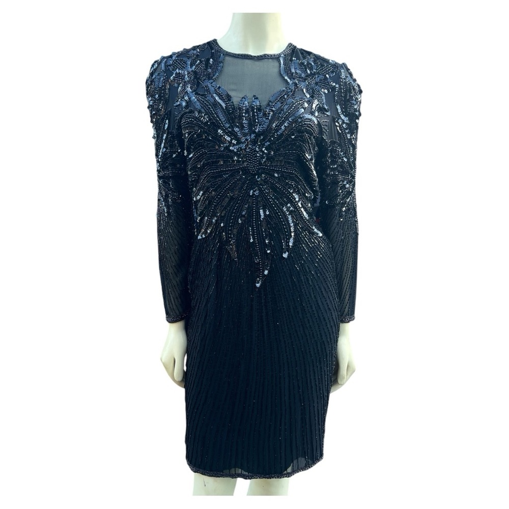 NiteLine Vintage 80s Black Sequin Beaded Silk Formal Party Cocktail Dress Size 6